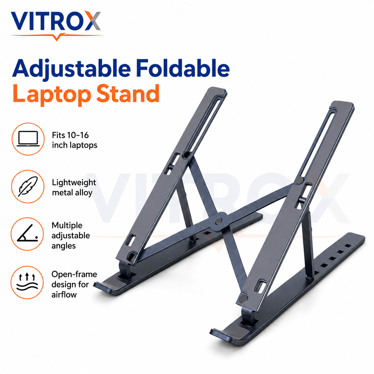 Vitrox Adjustable Foldable Laptop Stand for 10–16 Inch Laptops – Portable Metal Alloy Notebook Riser with Anti-Slip Pads, Gunmetal Grey