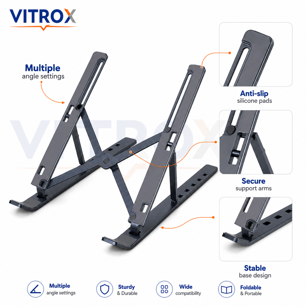 Vitrox Adjustable Foldable Laptop Stand for 10–16 Inch Laptops – Portable Metal Alloy Notebook Riser with Anti-Slip Pads, Gunmetal Grey