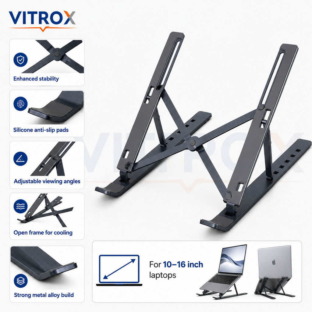 Vitrox Adjustable Foldable Laptop Stand for 10–16 Inch Laptops – Portable Metal Alloy Notebook Riser with Anti-Slip Pads, Gunmetal Grey