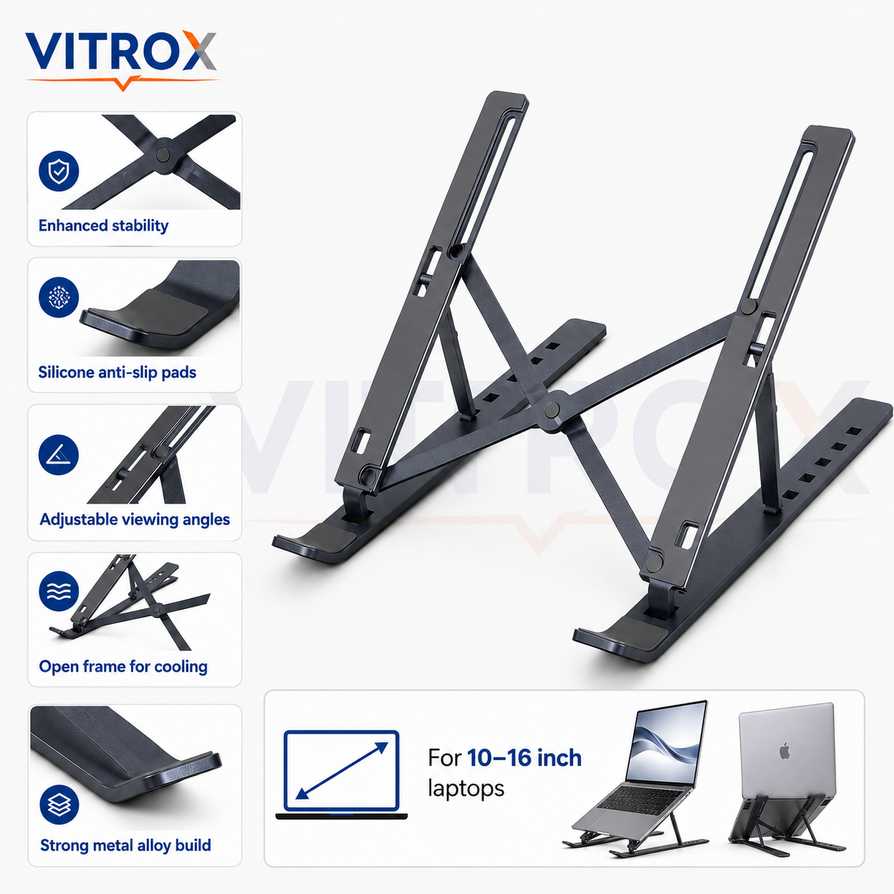 Vitrox Adjustable Foldable Laptop Stand for 10–16 Inch Laptops – Portable Metal Alloy Notebook Riser with Anti-Slip Pads, Gunmetal Grey