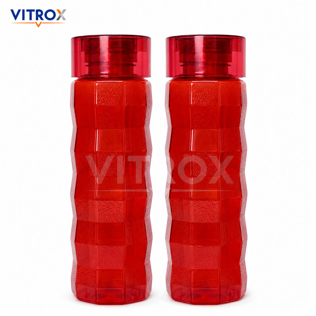 Vitrox Set of 2 Reusable Water Bottles – 1000 ML Each, Textured Easy-Grip Fridge Bottles, Transparent Red
