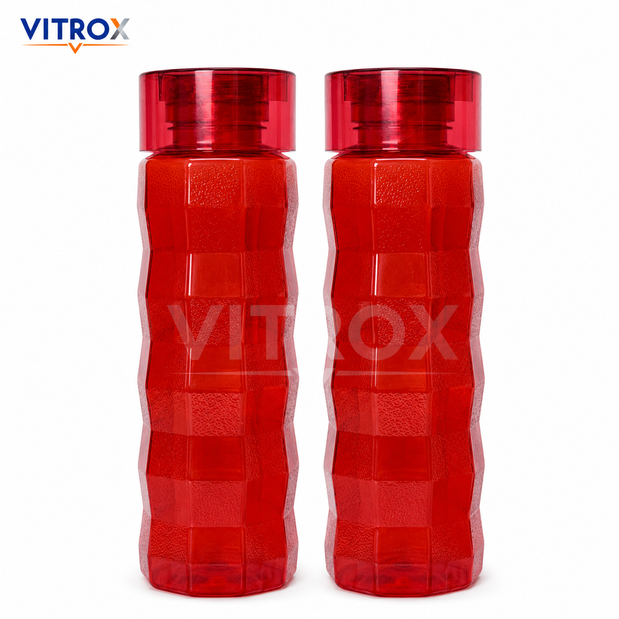 Vitrox Set of 2 Reusable Water Bottles – 1000 ML Each, Textured Easy-Grip Fridge Bottles, Transparent Red
