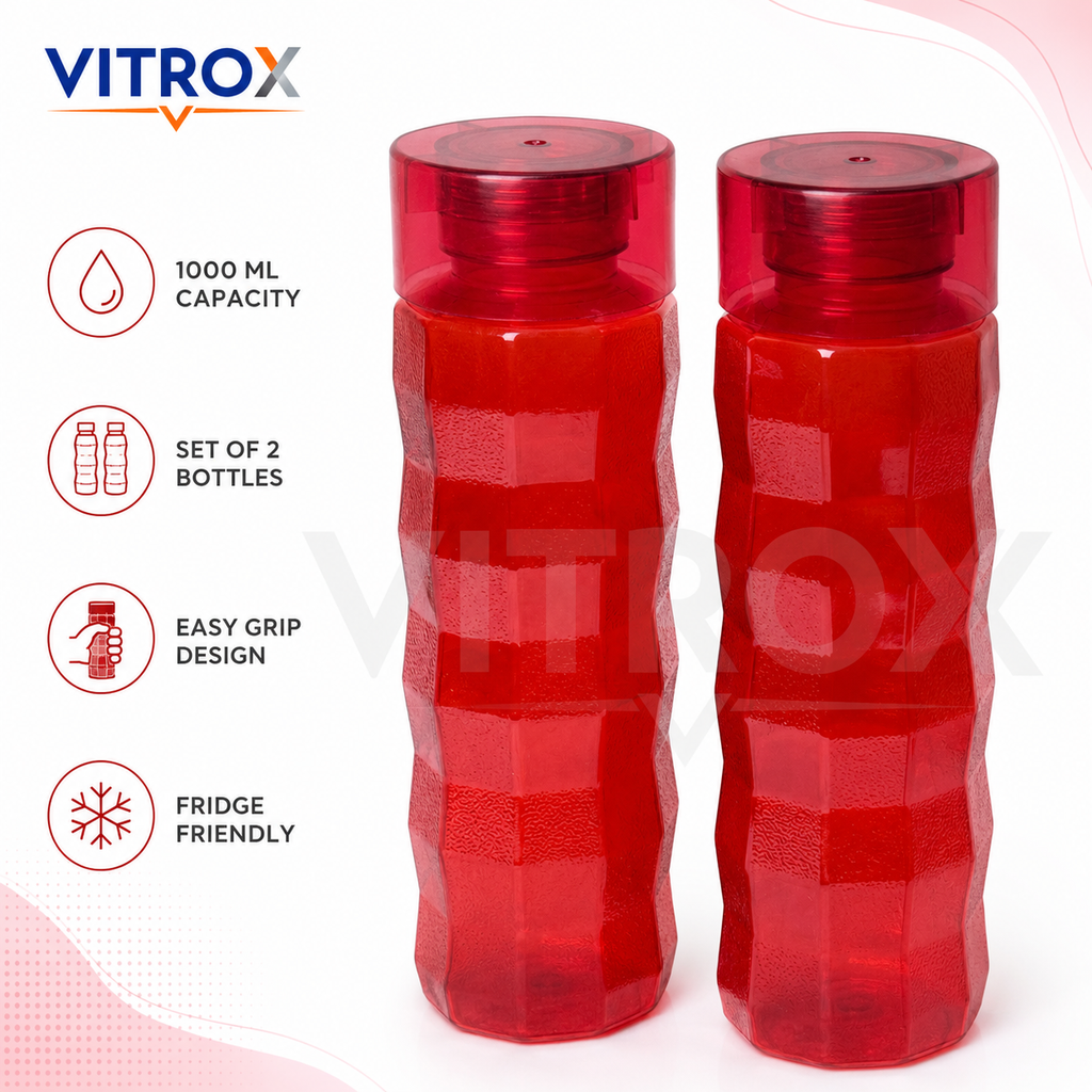 Vitrox Set of 2 Reusable Water Bottles – 1000 ML Each, Textured Easy-Grip Fridge Bottles, Transparent Red