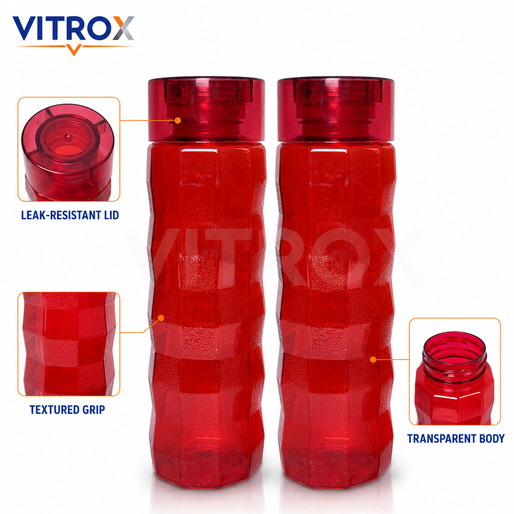 Vitrox Set of 2 Reusable Water Bottles – 1000 ML Each, Textured Easy-Grip Fridge Bottles, Transparent Red