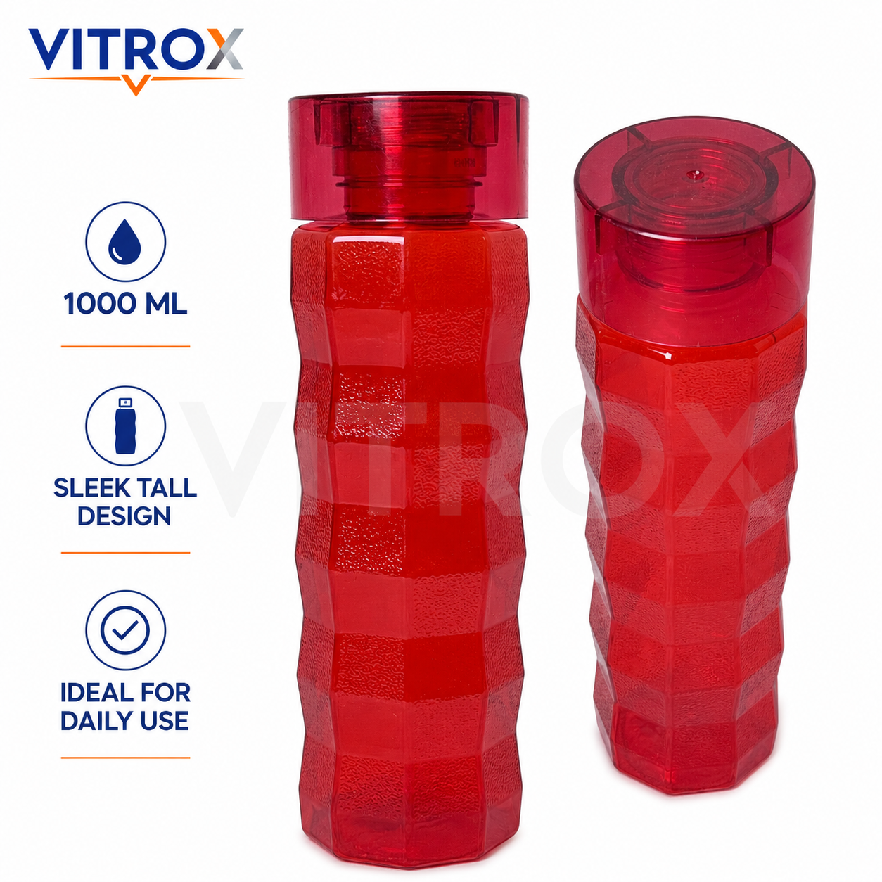 Vitrox Set of 2 Reusable Water Bottles – 1000 ML Each, Textured Easy-Grip Fridge Bottles, Transparent Red