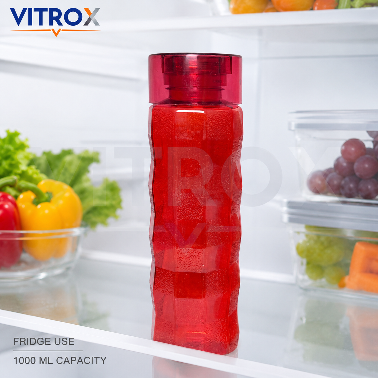 Vitrox Set of 2 Reusable Water Bottles – 1000 ML Each, Textured Easy-Grip Fridge Bottles, Transparent Red