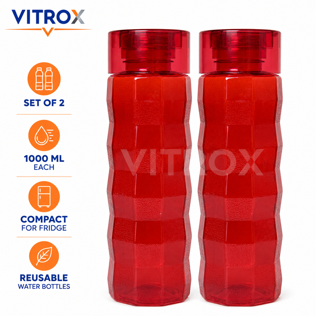 Vitrox Set of 2 Reusable Water Bottles – 1000 ML Each, Textured Easy-Grip Fridge Bottles, Transparent Red