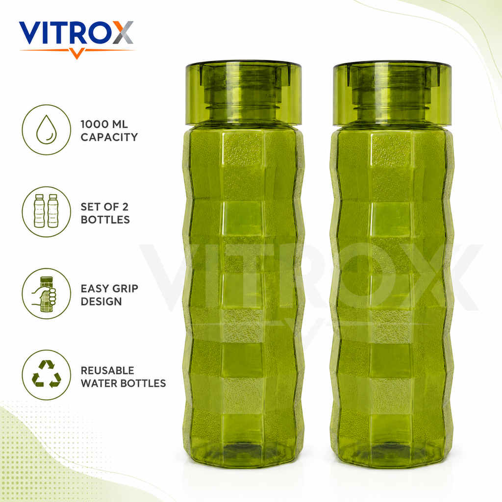 Vitrox Set of 2 Reusable Water Bottles – 1000 ML Each, Textured Easy-Grip Fridge Bottles, Transparent green