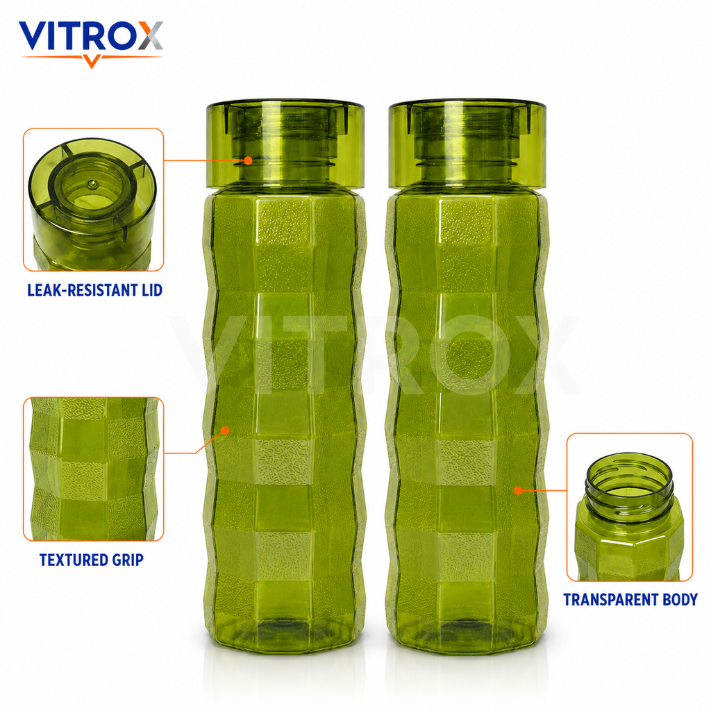 Vitrox Set of 2 Reusable Water Bottles – 1000 ML Each, Textured Easy-Grip Fridge Bottles, Transparent green