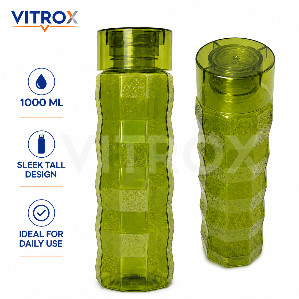 Vitrox Set of 2 Reusable Water Bottles – 1000 ML Each, Textured Easy-Grip Fridge Bottles, Transparent green