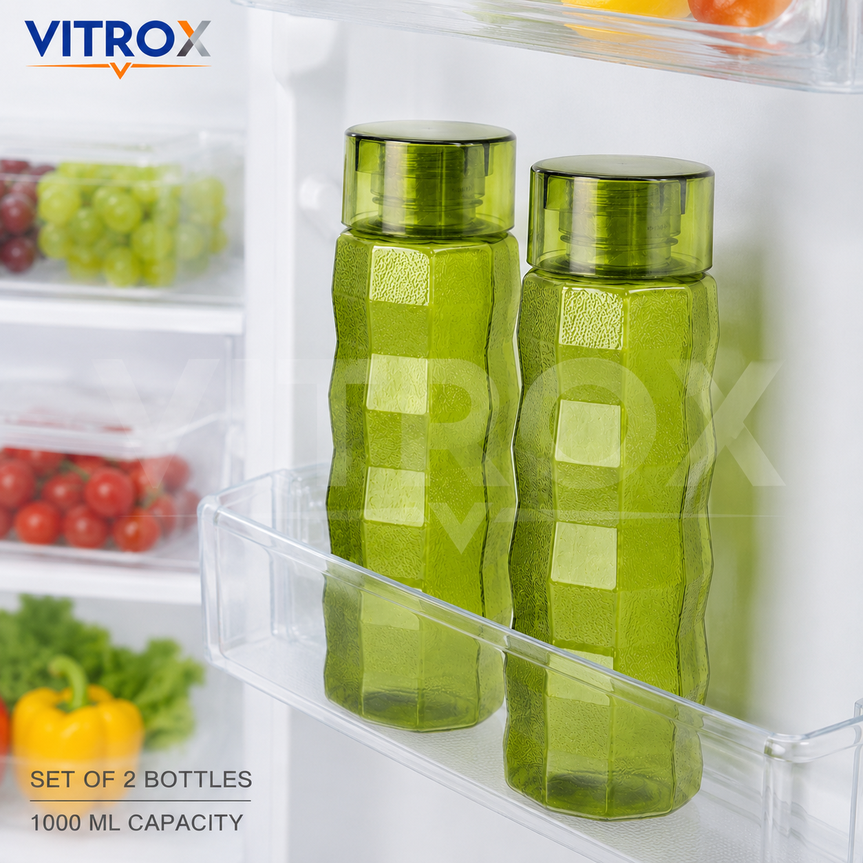 Vitrox Set of 2 Reusable Water Bottles – 1000 ML Each, Textured Easy-Grip Fridge Bottles, Transparent green