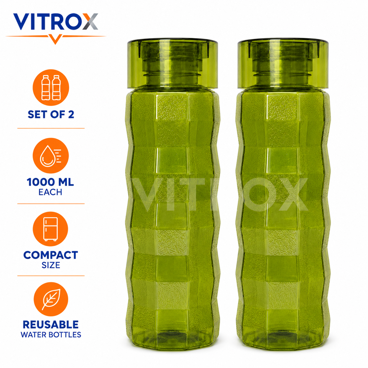 Vitrox Set of 2 Reusable Water Bottles – 1000 ML Each, Textured Easy-Grip Fridge Bottles, Transparent green