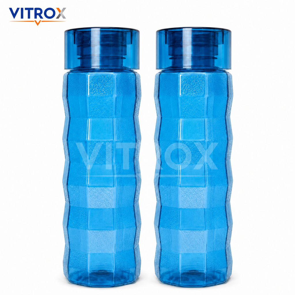 Vitrox Set of 2 Reusable Water Bottles – 1000 ML Each, Textured Easy-Grip Fridge Bottles, Transparent blue