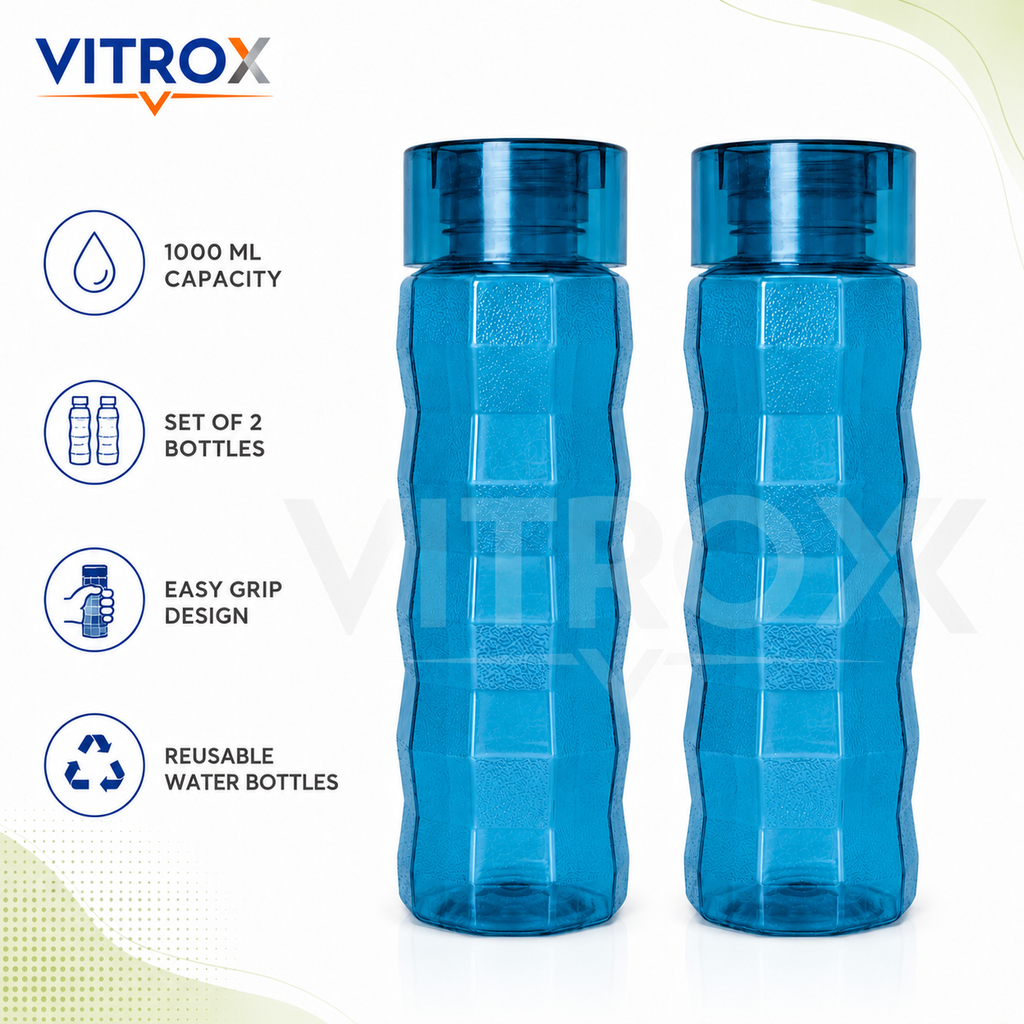 Vitrox Set of 2 Reusable Water Bottles – 1000 ML Each, Textured Easy-Grip Fridge Bottles, Transparent blue