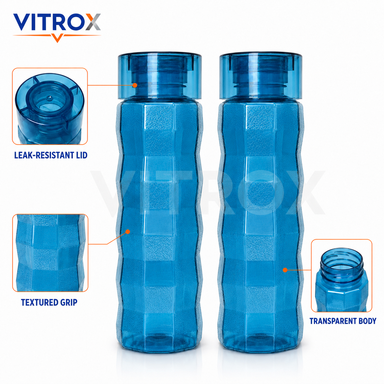 Vitrox Set of 2 Reusable Water Bottles – 1000 ML Each, Textured Easy-Grip Fridge Bottles, Transparent blue