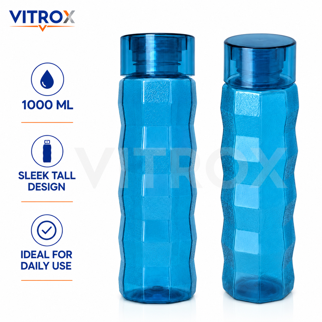 Vitrox Set of 2 Reusable Water Bottles – 1000 ML Each, Textured Easy-Grip Fridge Bottles, Transparent blue
