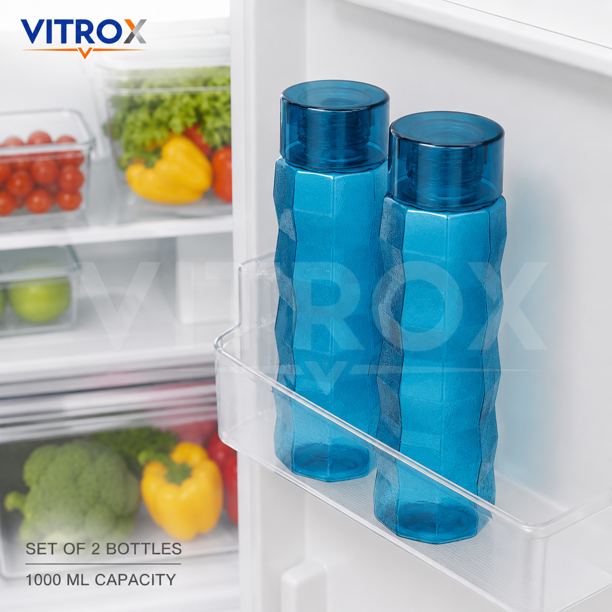 Vitrox Set of 2 Reusable Water Bottles – 1000 ML Each, Textured Easy-Grip Fridge Bottles, Transparent blue
