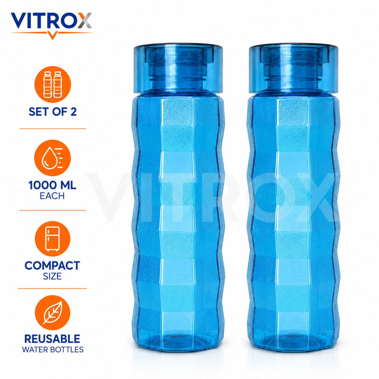 Vitrox Set of 2 Reusable Water Bottles – 1000 ML Each, Textured Easy-Grip Fridge Bottles, Transparent blue