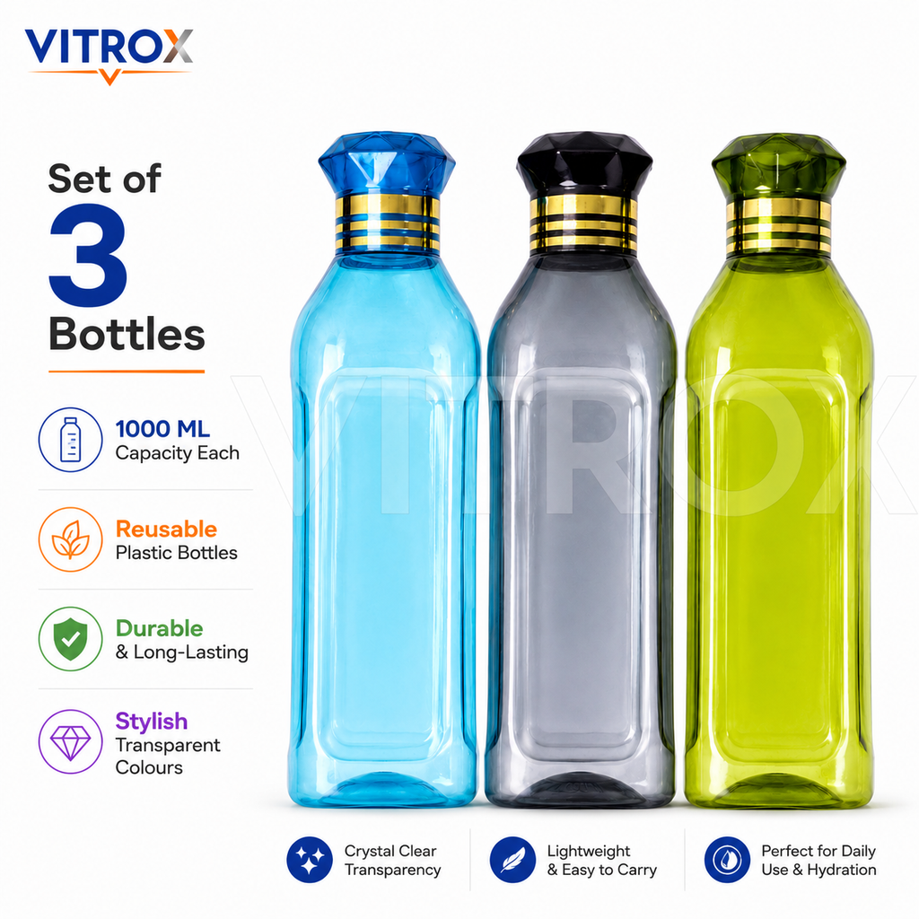 Vitrox Set of 3 Fridge Water Bottles 1000 ML Each | Multipurpose Reusable Plastic Bottles