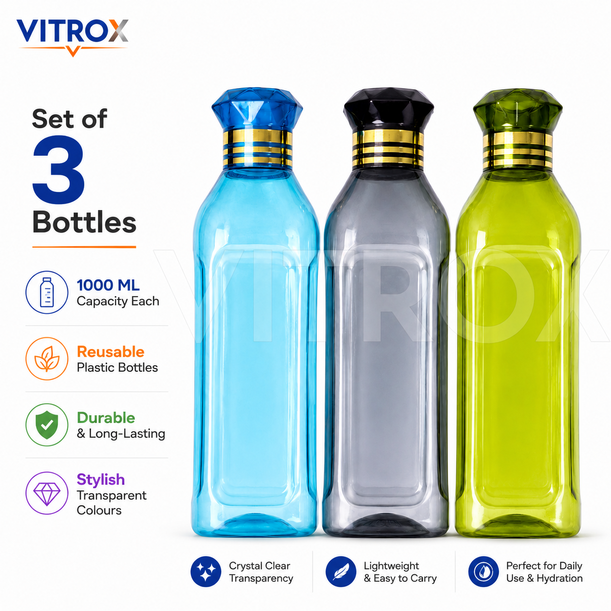 Vitrox Set of 3 Fridge Water Bottles 1000 ML Each | Multipurpose Reusable Plastic Bottles