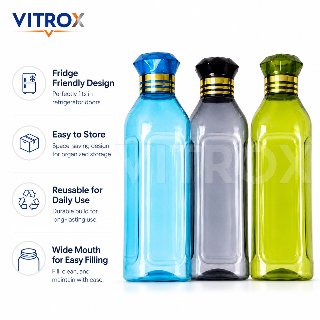 Vitrox Set of 3 Fridge Water Bottles 1000 ML Each | Multipurpose Reusable Plastic Bottles