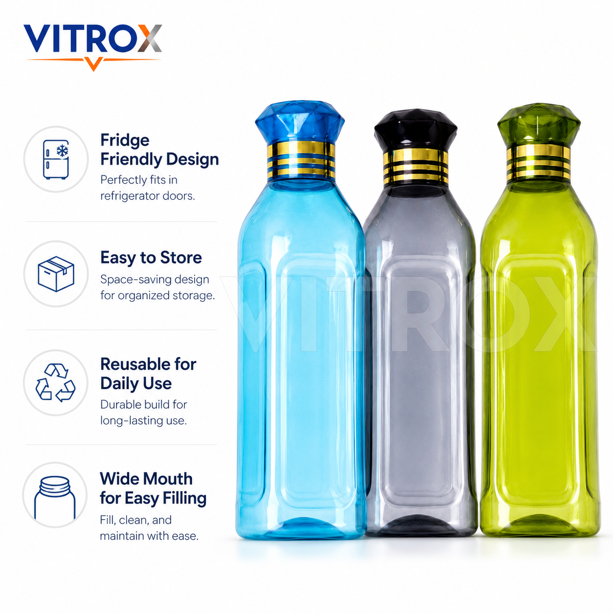 Vitrox Set of 3 Fridge Water Bottles 1000 ML Each | Multipurpose Reusable Plastic Bottles