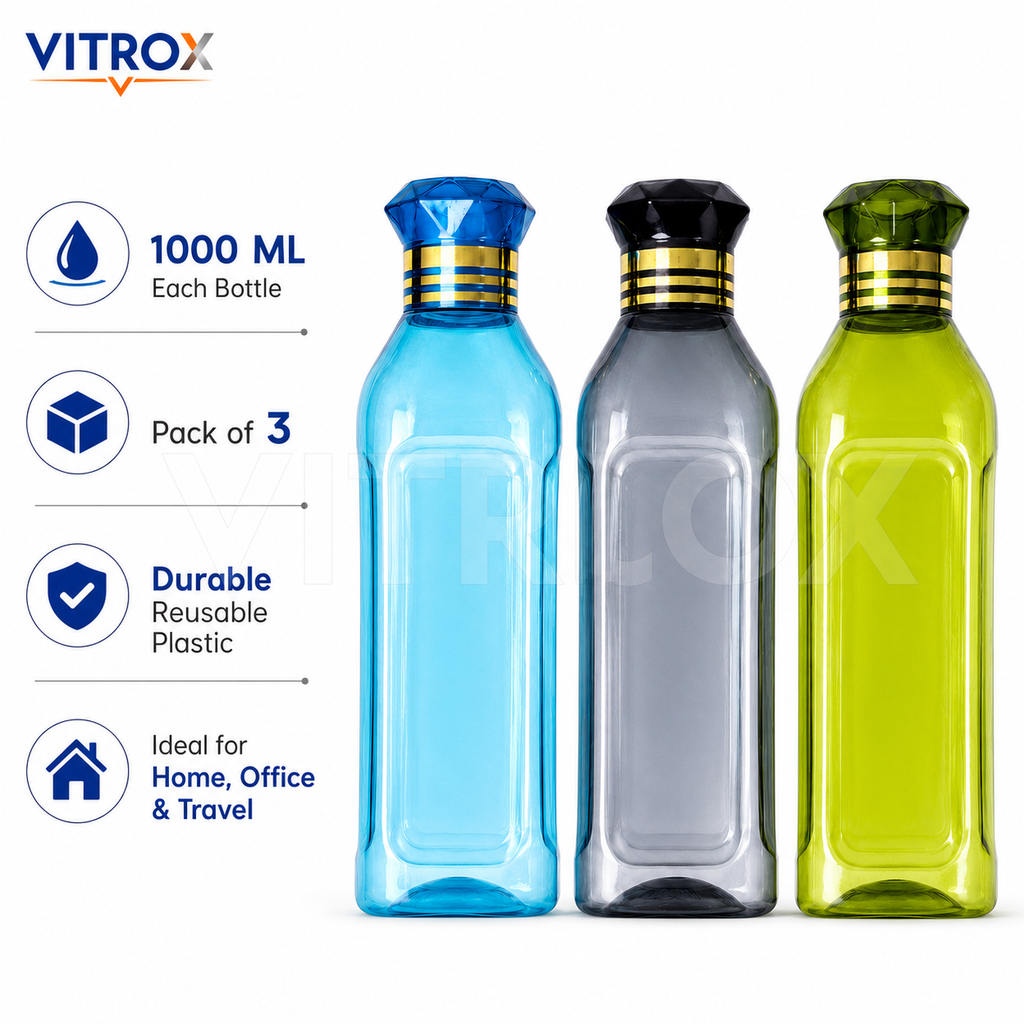Vitrox Set of 3 Fridge Water Bottles 1000 ML Each | Multipurpose Reusable Plastic Bottles