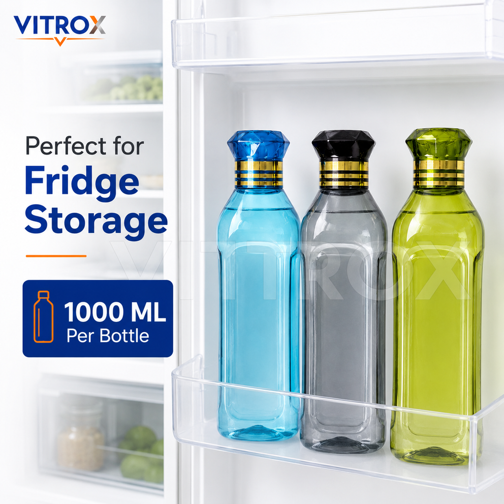 Vitrox Set of 3 Fridge Water Bottles 1000 ML Each | Multipurpose Reusable Plastic Bottles