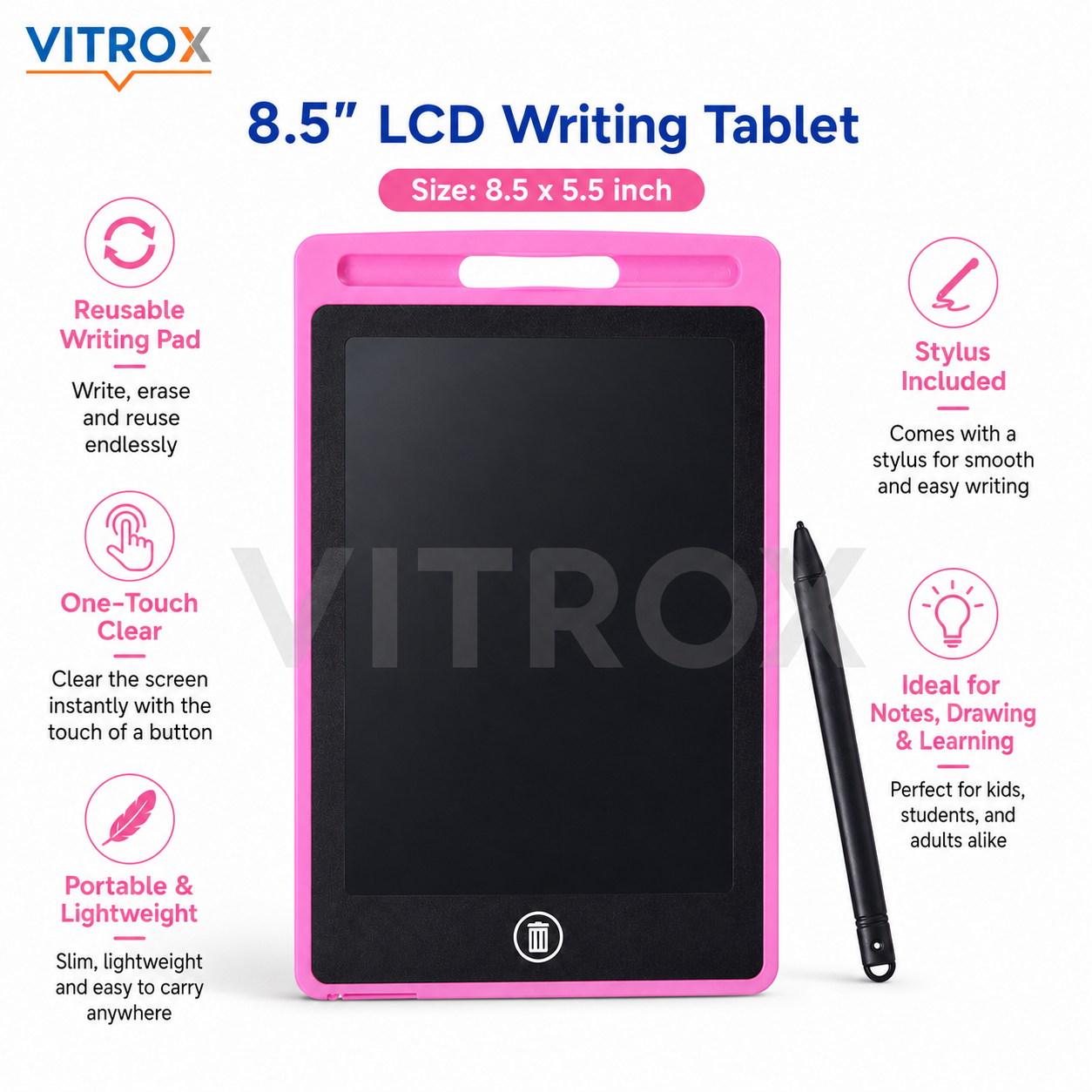 Vitrox 8.5-Inch LCD Writing Tablet with Stylus – Reusable Drawing & Note Pad for Kids and Adults, Pink