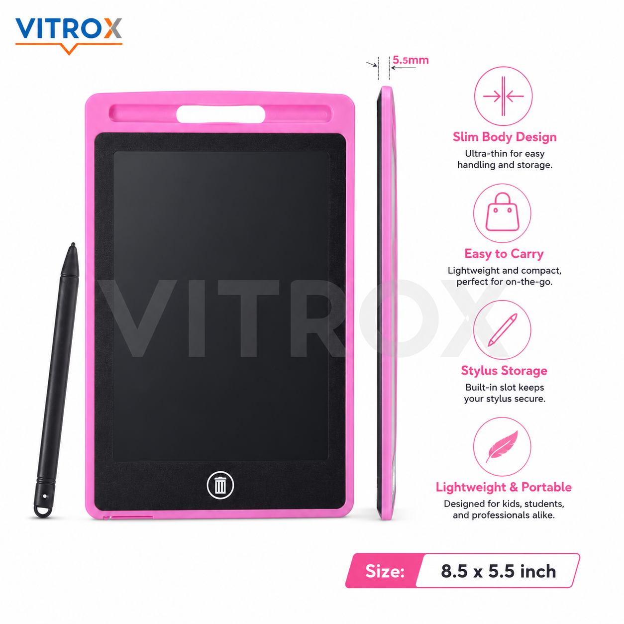 Vitrox 8.5-Inch LCD Writing Tablet with Stylus – Reusable Drawing & Note Pad for Kids and Adults, Pink