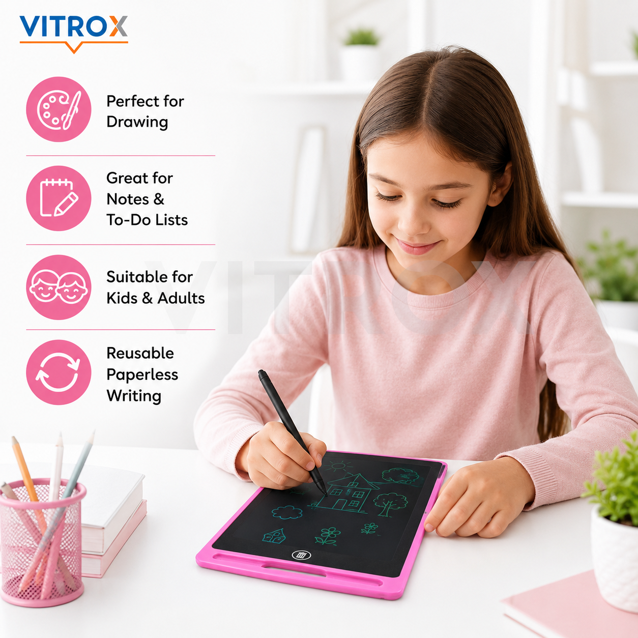 Vitrox 8.5-Inch LCD Writing Tablet with Stylus – Reusable Drawing & Note Pad for Kids and Adults, Pink