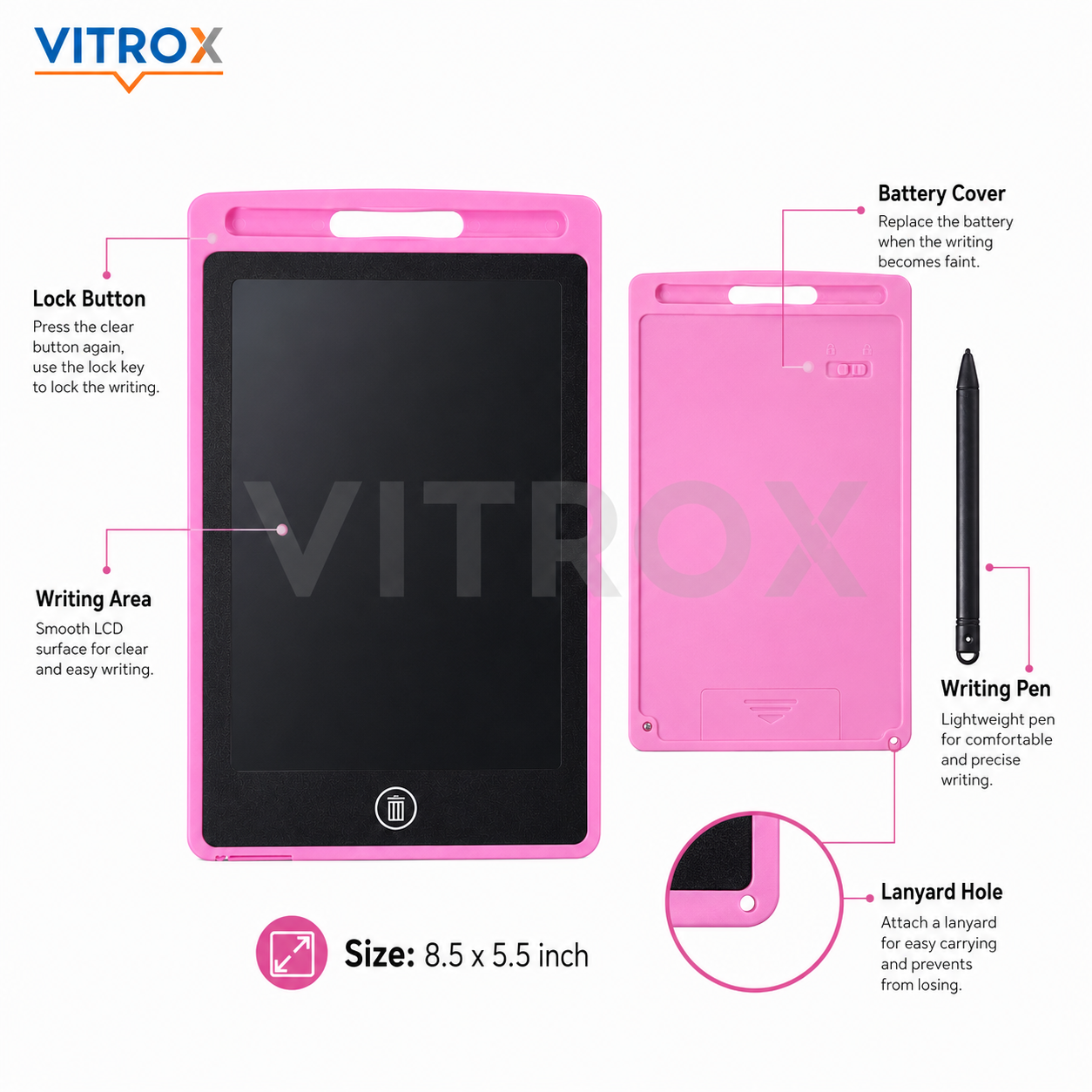 Vitrox 8.5-Inch LCD Writing Tablet with Stylus – Reusable Drawing & Note Pad for Kids and Adults, Pink
