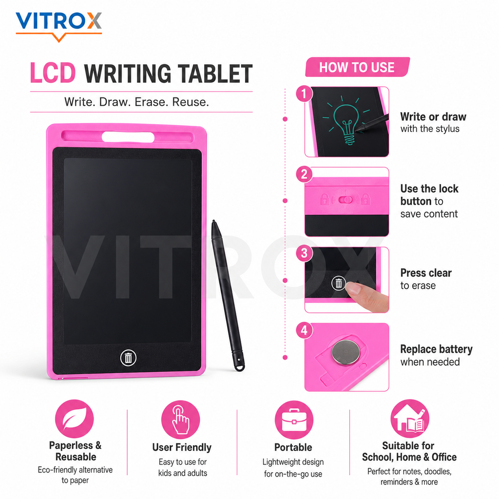 Vitrox 8.5-Inch LCD Writing Tablet with Stylus – Reusable Drawing & Note Pad for Kids and Adults, Pink