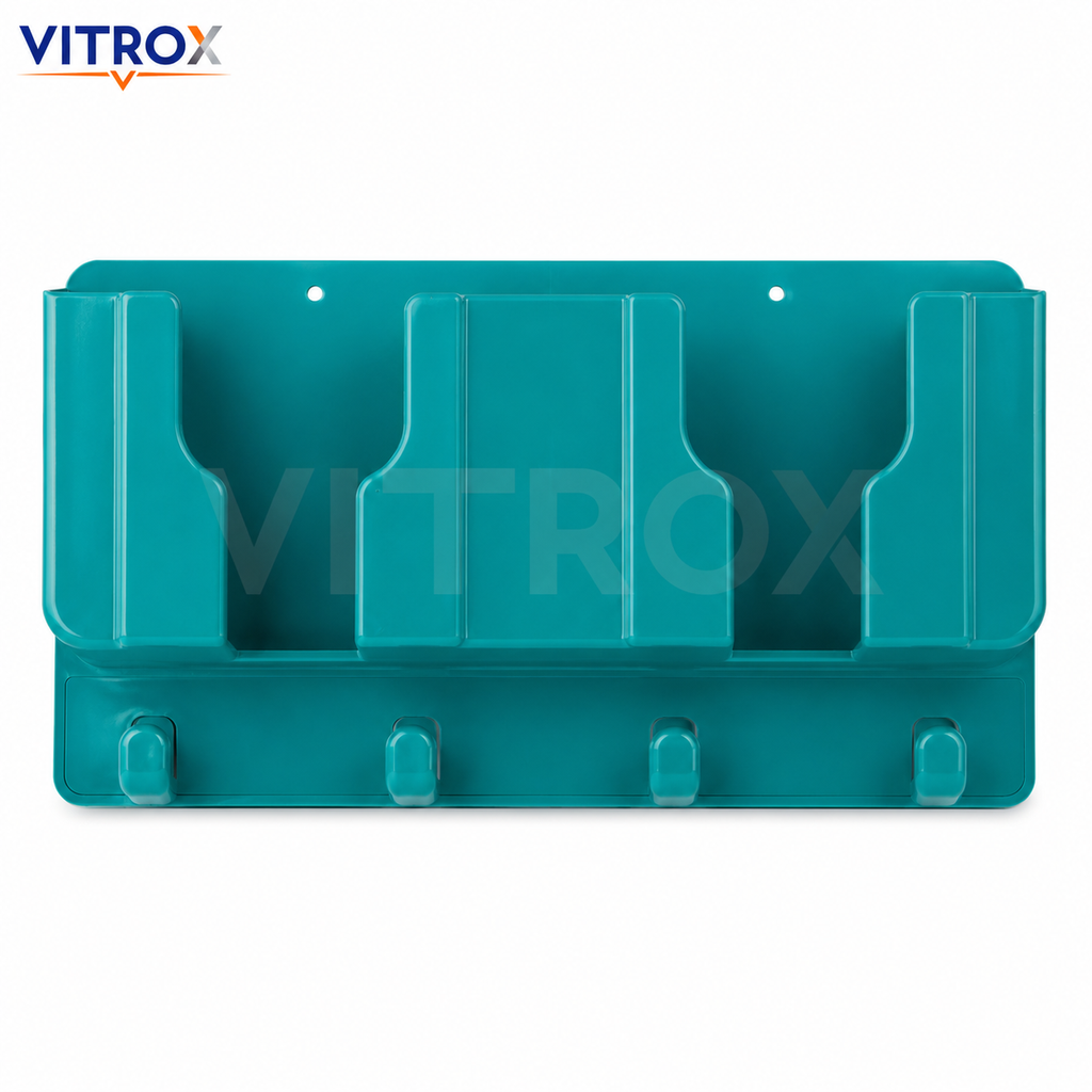 Vitrox Multi-Purpose Wall Mounted Organizer with 3 Compartments & 4 Hooks – Plastic Storage Holder for Remote, Phone, Keys & Stationery, Teal