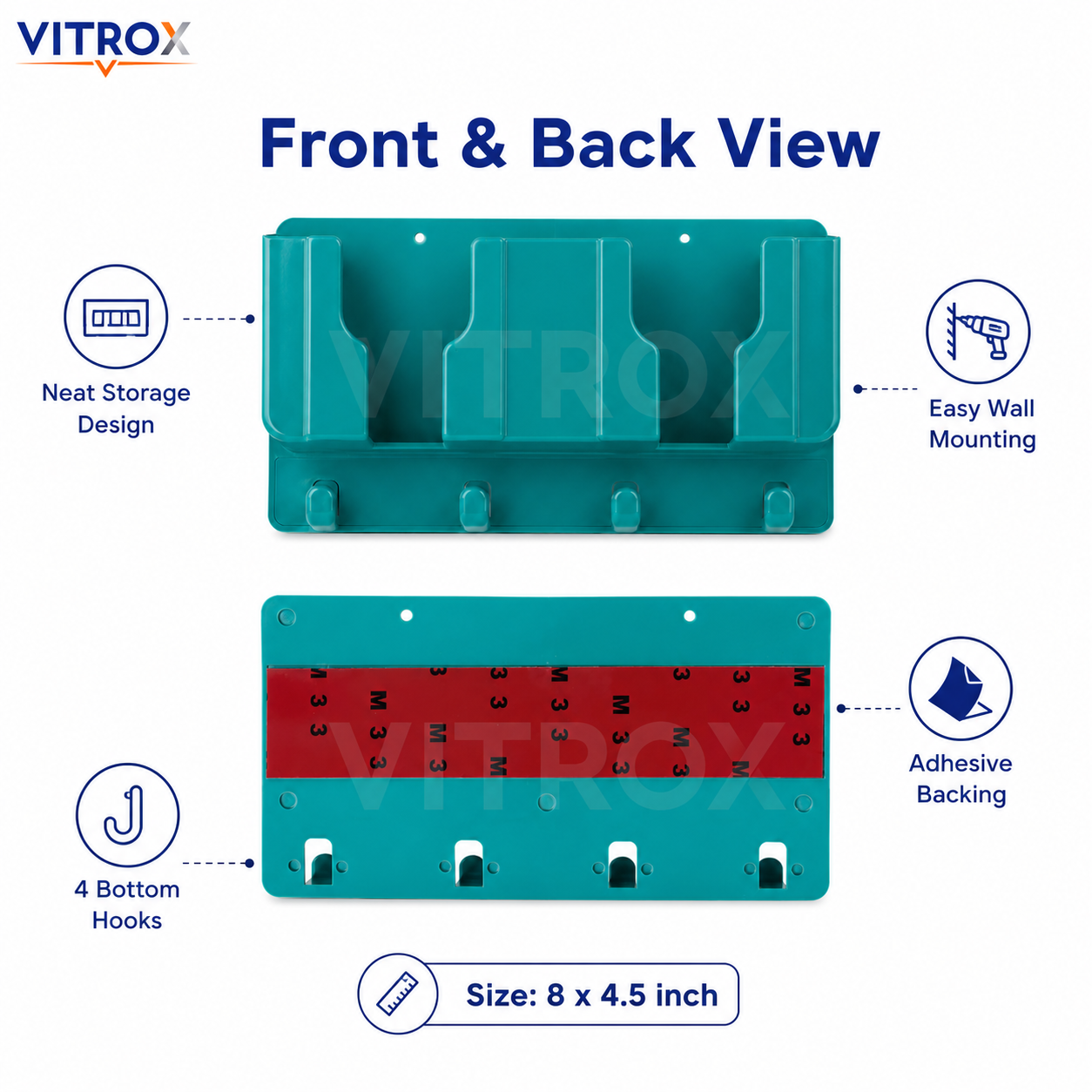 Vitrox Multi-Purpose Wall Mounted Organizer with 3 Compartments & 4 Hooks – Plastic Storage Holder for Remote, Phone, Keys & Stationery, Teal