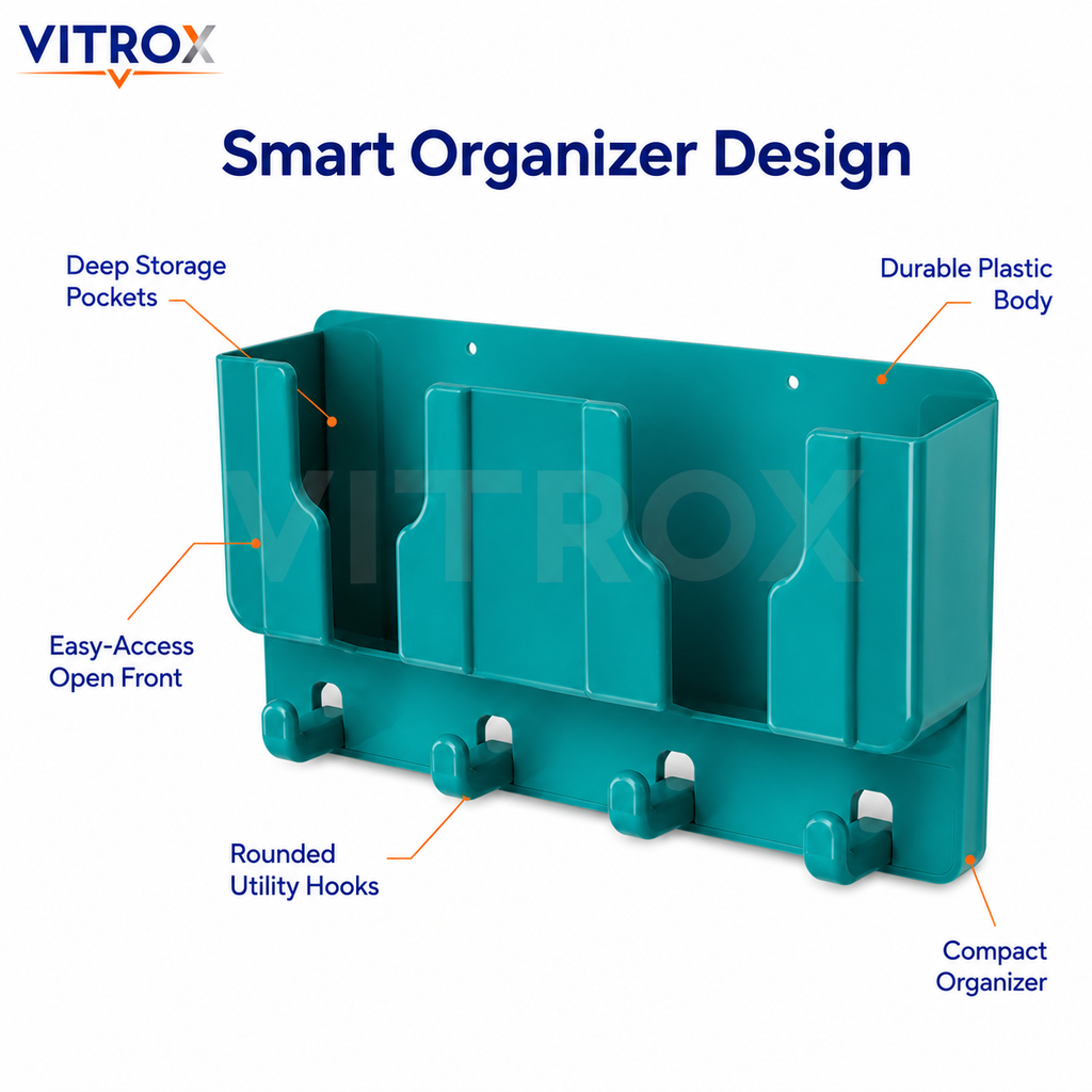 Vitrox Multi-Purpose Wall Mounted Organizer with 3 Compartments & 4 Hooks – Plastic Storage Holder for Remote, Phone, Keys & Stationery, Teal