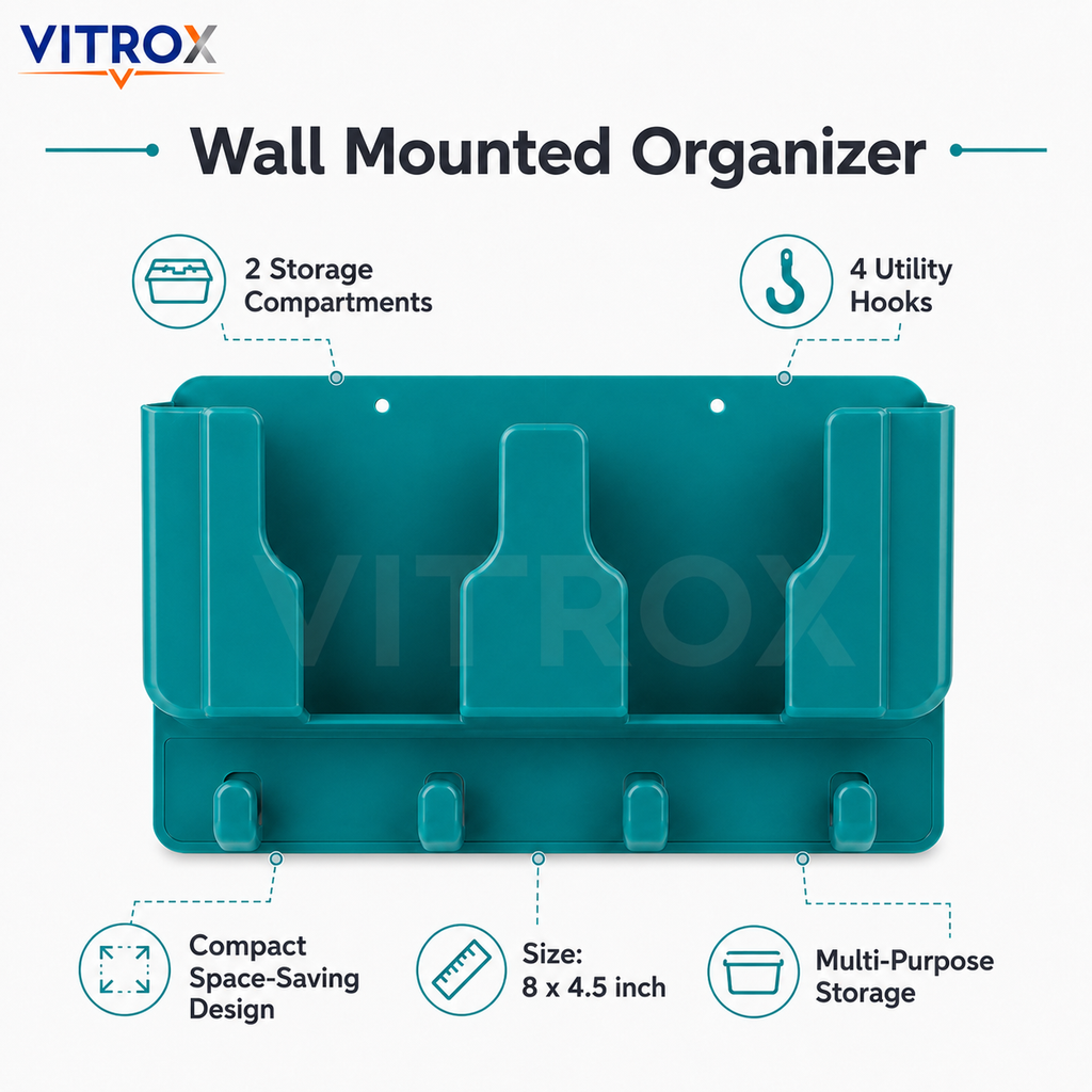 Vitrox Multi-Purpose Wall Mounted Organizer with 3 Compartments & 4 Hooks – Plastic Storage Holder for Remote, Phone, Keys & Stationery, Teal