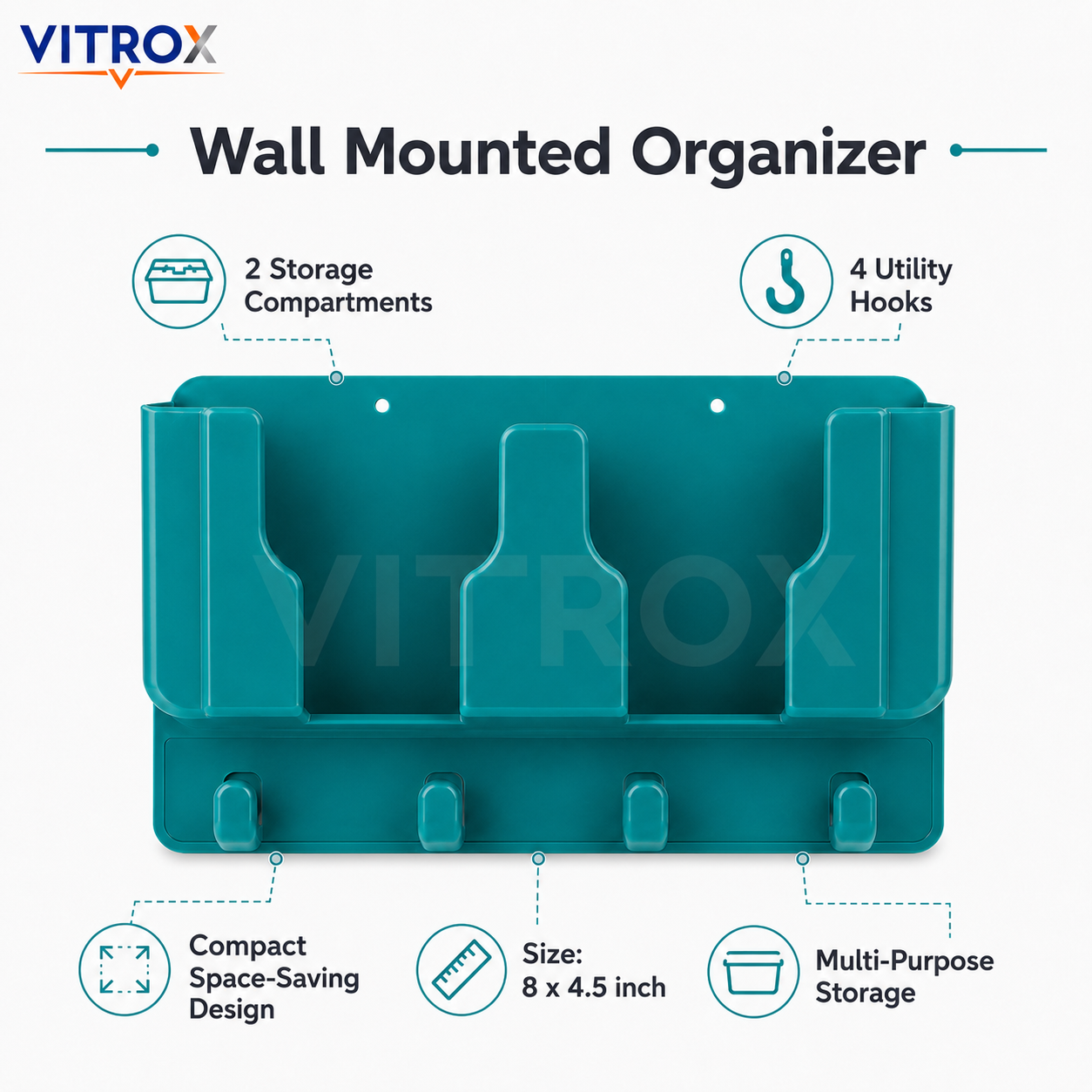 Vitrox Multi-Purpose Wall Mounted Organizer with 3 Compartments & 4 Hooks – Plastic Storage Holder for Remote, Phone, Keys & Stationery, Teal