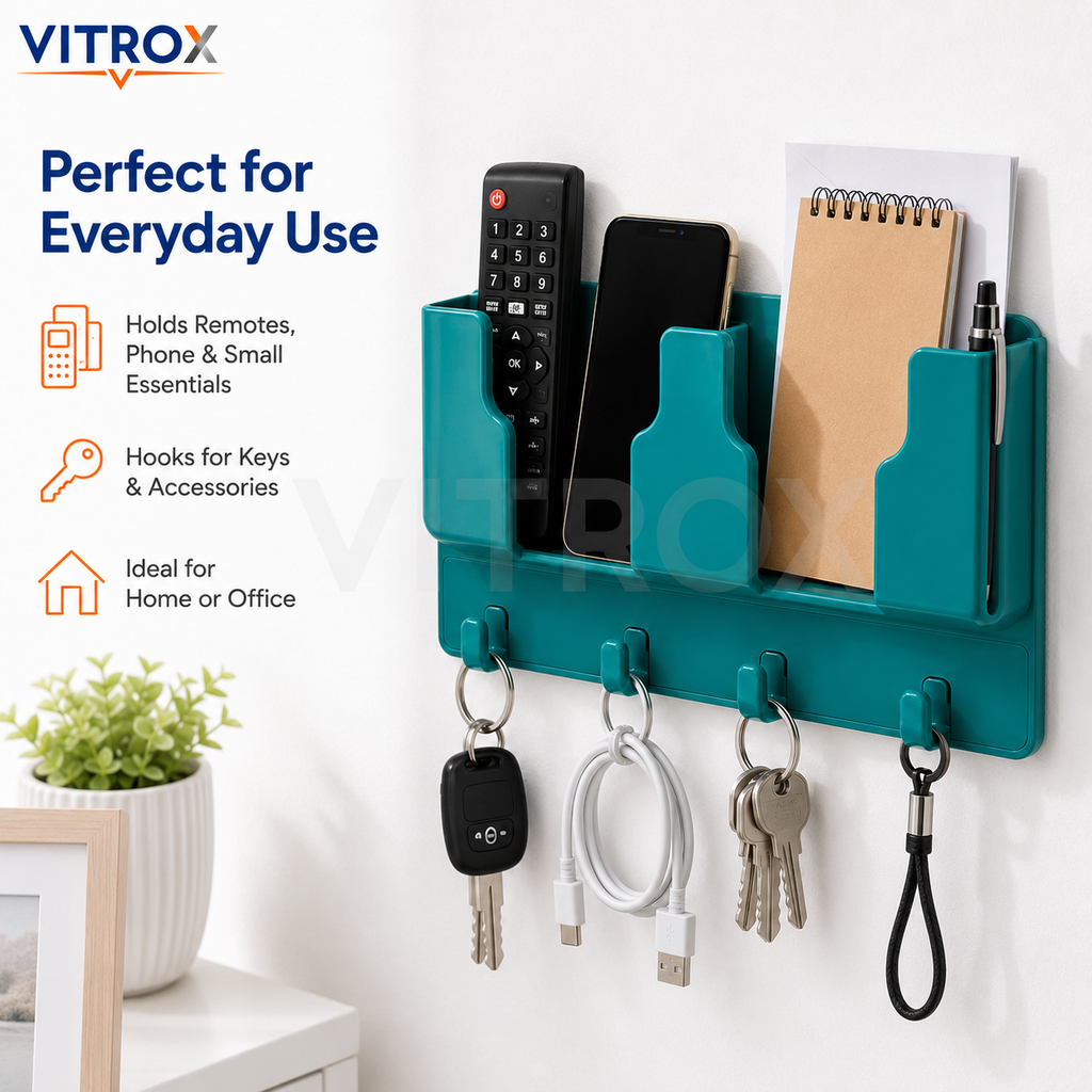Vitrox Multi-Purpose Wall Mounted Organizer with 3 Compartments & 4 Hooks – Plastic Storage Holder for Remote, Phone, Keys & Stationery, Teal