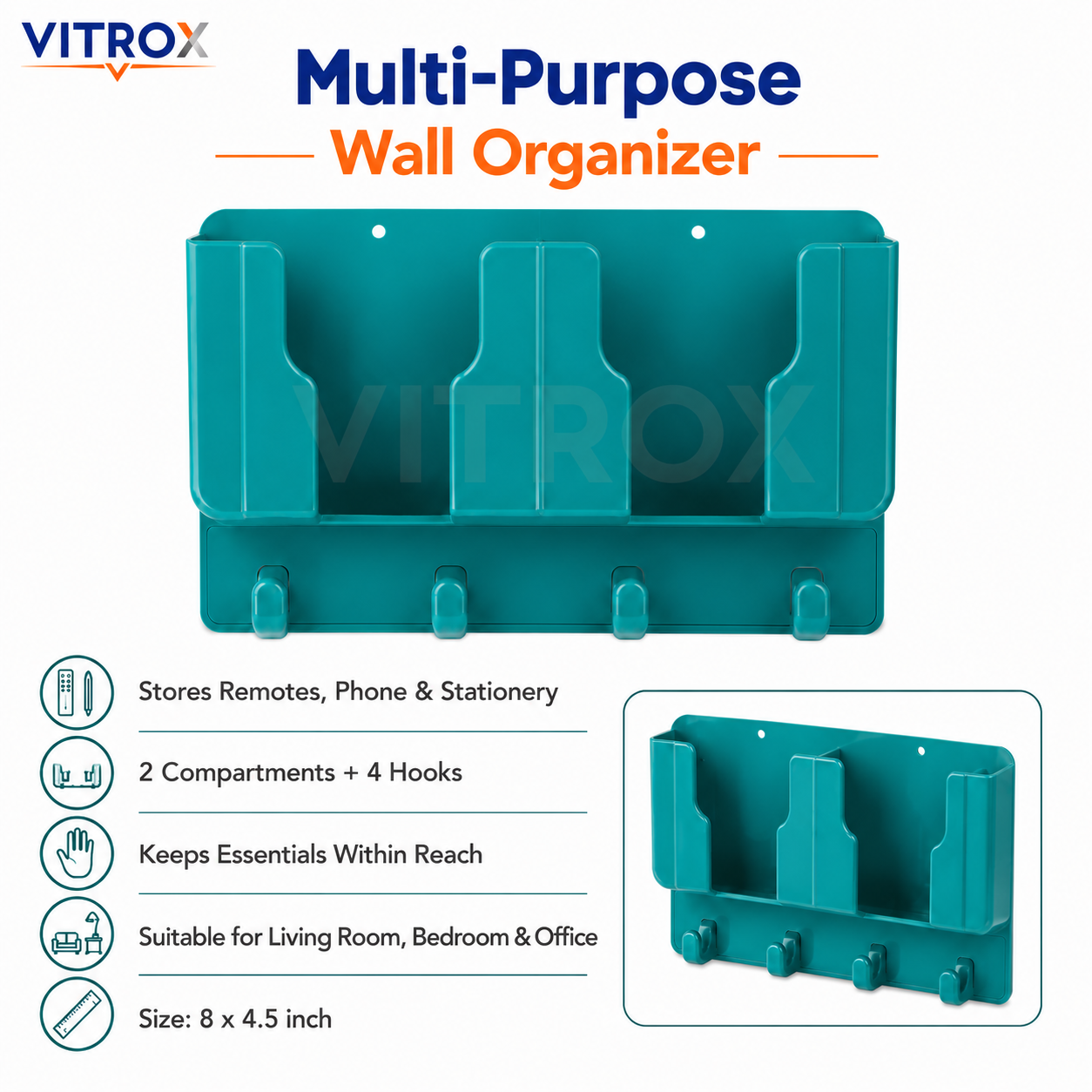 Vitrox Multi-Purpose Wall Mounted Organizer with 3 Compartments & 4 Hooks – Plastic Storage Holder for Remote, Phone, Keys & Stationery, Teal