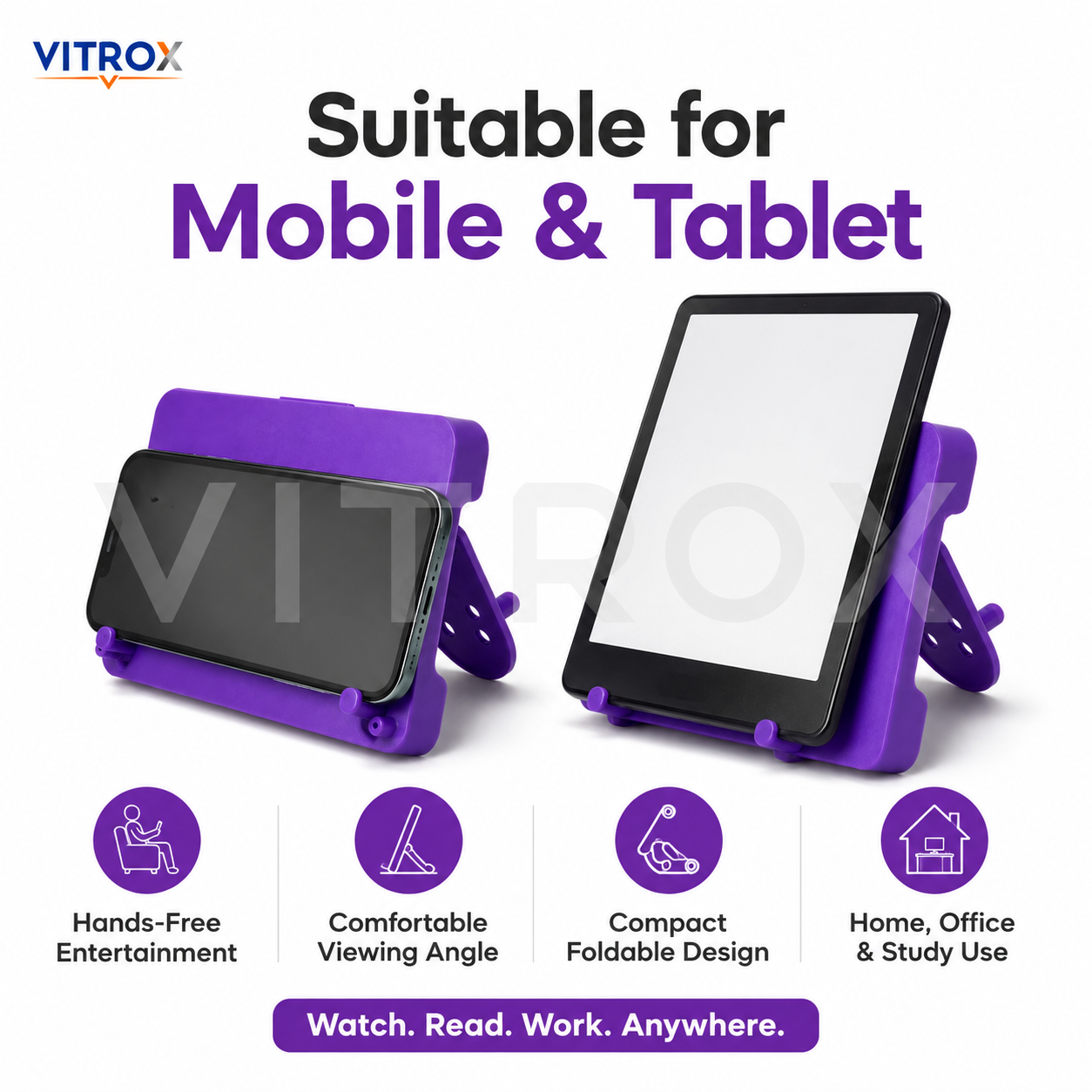 Vitrox Foldable Mobile & Tablet Stand – Hands-Free Desktop Holder for Phone & Tablet, Portable Plastic Stand, 7 x 4 Inch, Purple