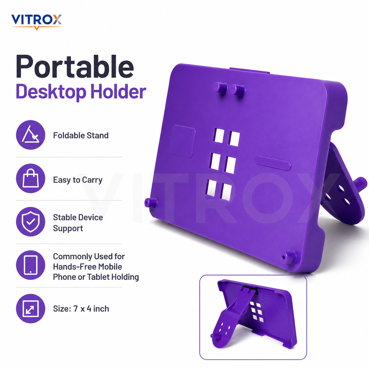 Vitrox Foldable Mobile & Tablet Stand – Hands-Free Desktop Holder for Phone & Tablet, Portable Plastic Stand, 7 x 4 Inch, Purple