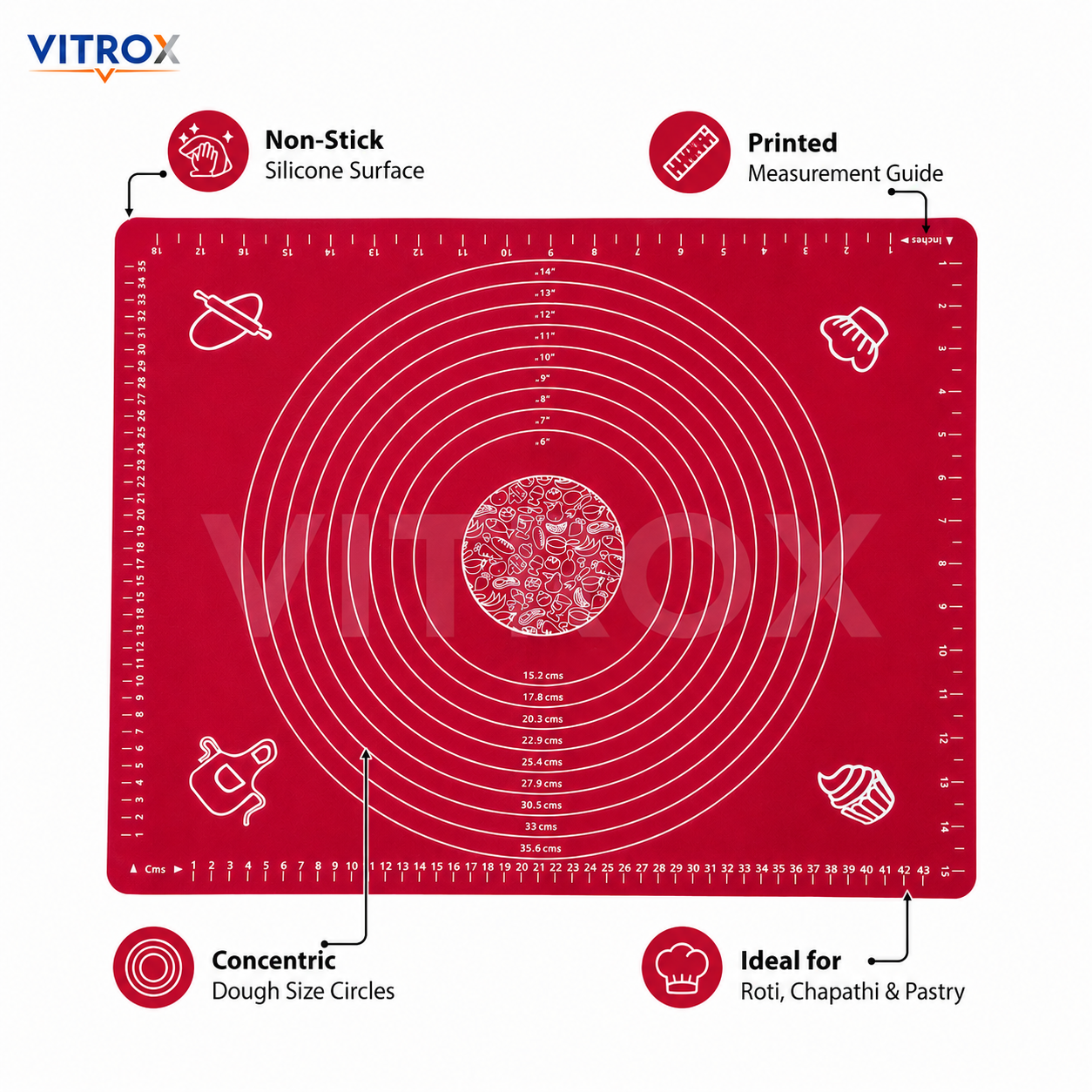 Vitrox Non-Stick Silicone Baking Mat for Chapathi, Roti & Pastry with Measurement Guide – Red