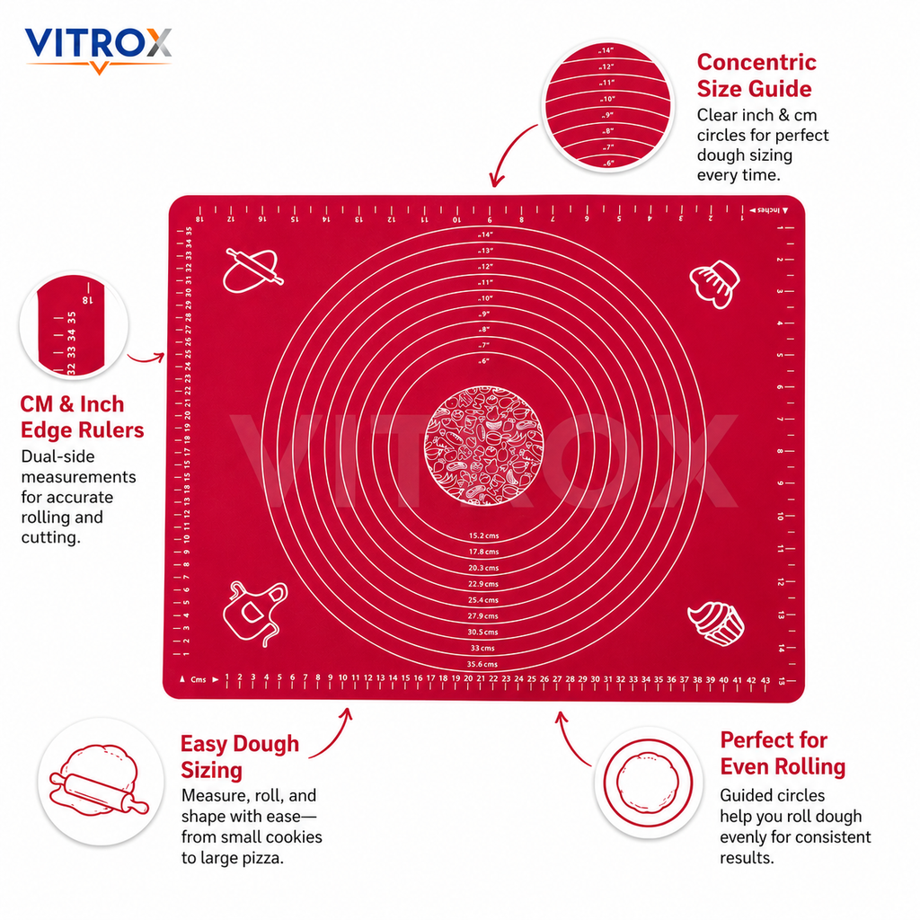 Vitrox Non-Stick Silicone Baking Mat for Chapathi, Roti & Pastry with Measurement Guide – Red