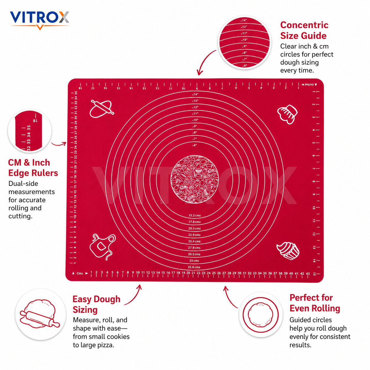 Vitrox Non-Stick Silicone Baking Mat for Chapathi, Roti & Pastry with Measurement Guide – Red