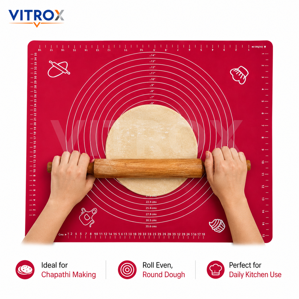 Vitrox Non-Stick Silicone Baking Mat for Chapathi, Roti & Pastry with Measurement Guide – Red