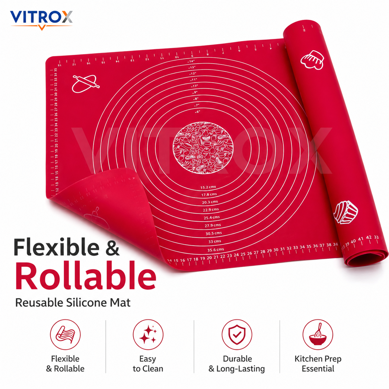 Vitrox Non-Stick Silicone Baking Mat for Chapathi, Roti & Pastry with Measurement Guide – Red