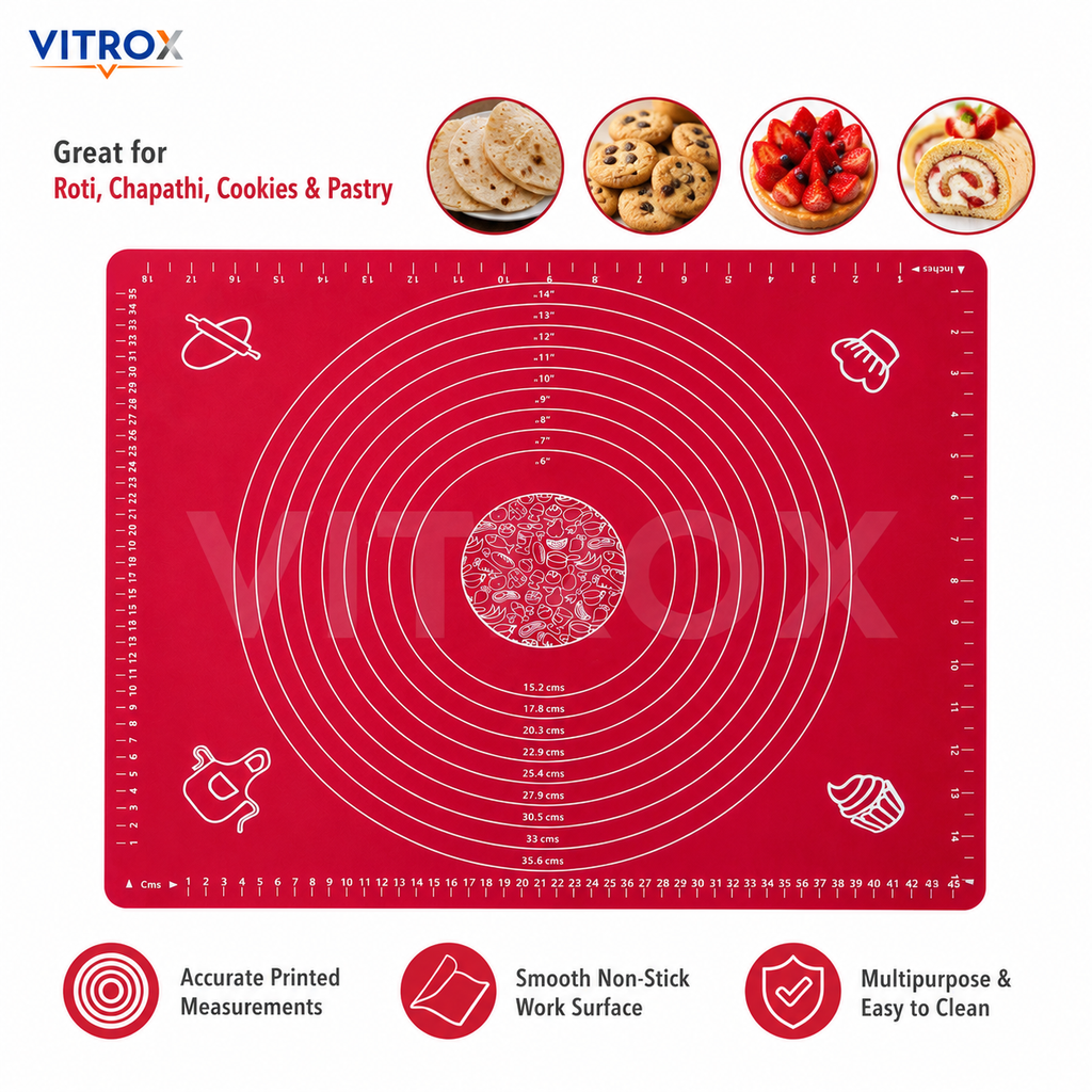 Vitrox Non-Stick Silicone Baking Mat for Chapathi, Roti & Pastry with Measurement Guide – Red