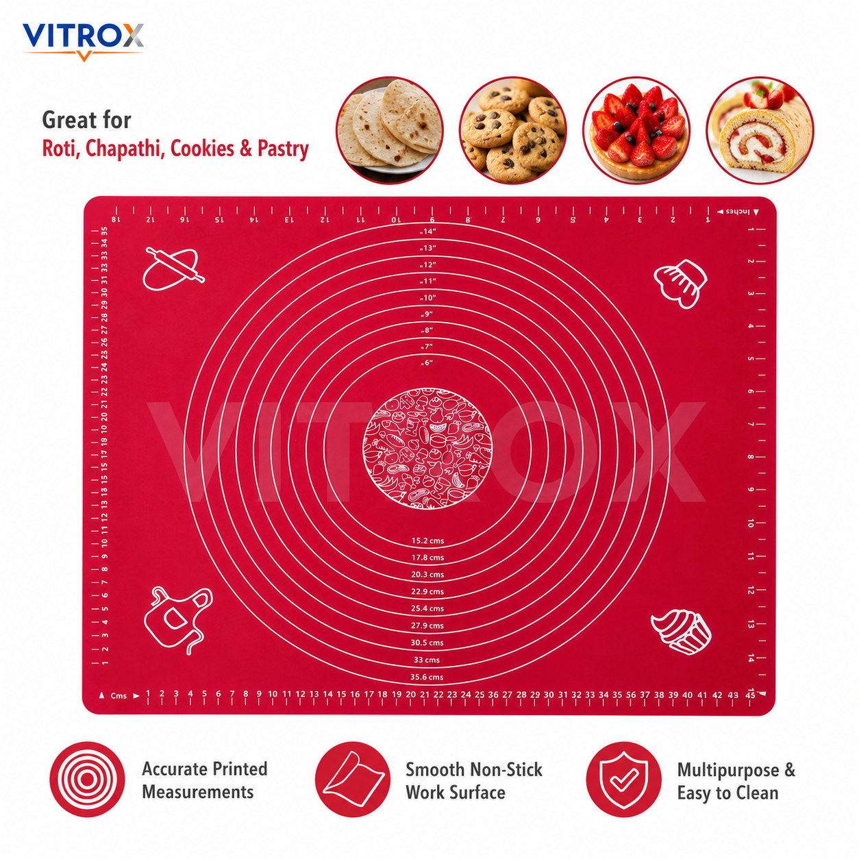 Vitrox Non-Stick Silicone Baking Mat for Chapathi, Roti & Pastry with Measurement Guide – Red