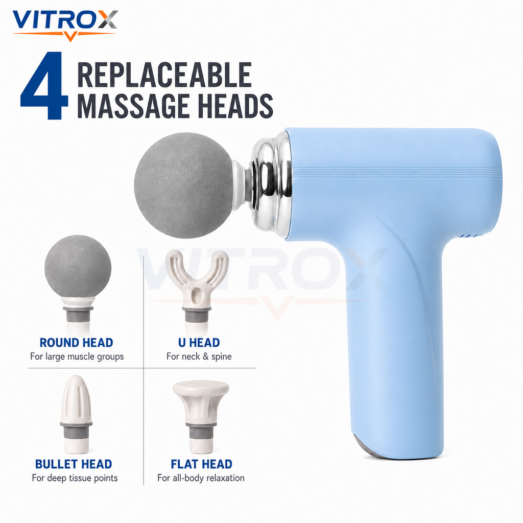 Vitrox Mini Massage Gun Portable Deep Tissue Body Massager with 4 Massage Heads, Type-C Charging – Light Blue